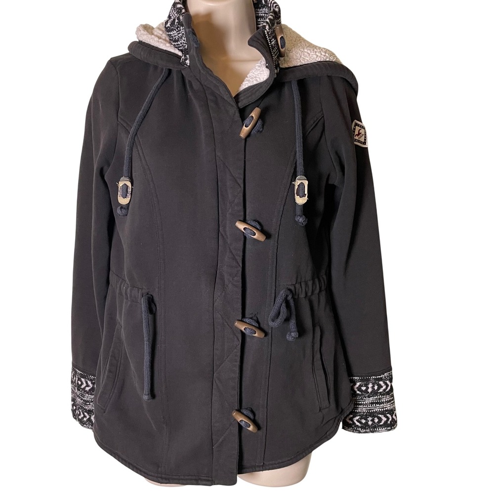 Hollister Toggle Front Sherpa Lined Hooded Jacket Black Fair Isle‎ Large FLAW